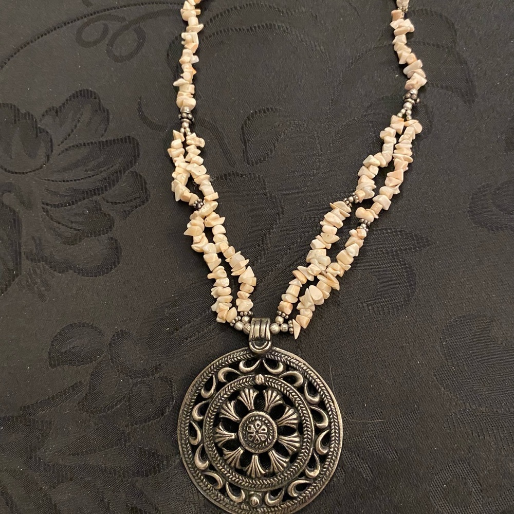 Vintage Light Peach Shell Necklace With Silvertone Medallion